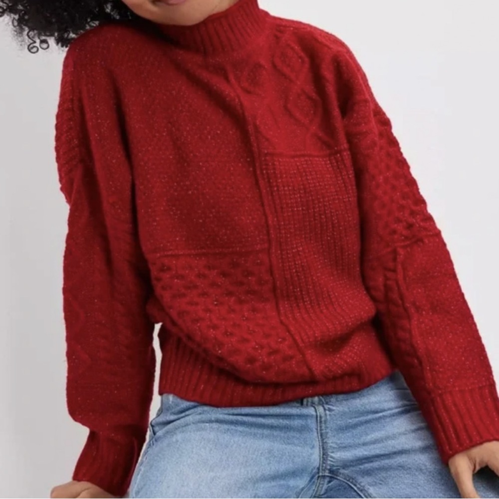 American Eagle Red Cable Knit Soft & Cozy Mock Neck Mixed Stitch Sweater Medium